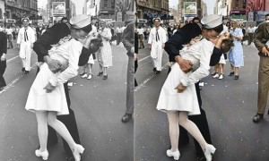 VIctory over Japan Day, Times Square New York, 14 August 1945, original and colorized