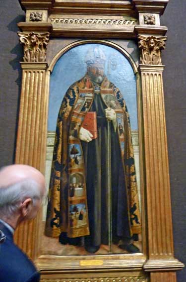 Catalogue essayist James Banker, Professor Emeritus at North Carolina State University, gazes at "Saint Augustine," 1454-69, Museu Nacional de Arte Antiga, Lisbon Photo by Lee Rosenbaum