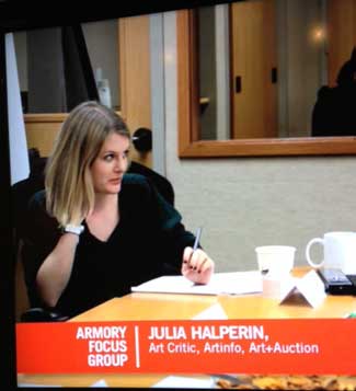 A scene from video of an Armory Show focus group, project of LIz Magic Laser Photo by Lee Rosenbaum
