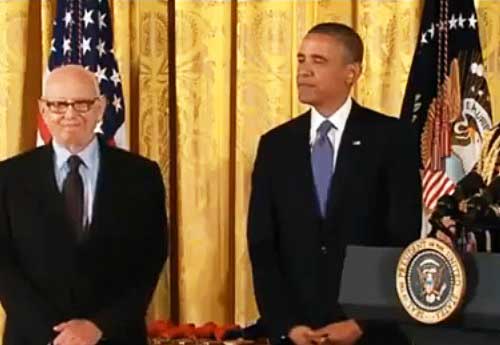Ellworth Kelly, about to receive the National Medal of Arts from President Obama Screenshot from the White House video