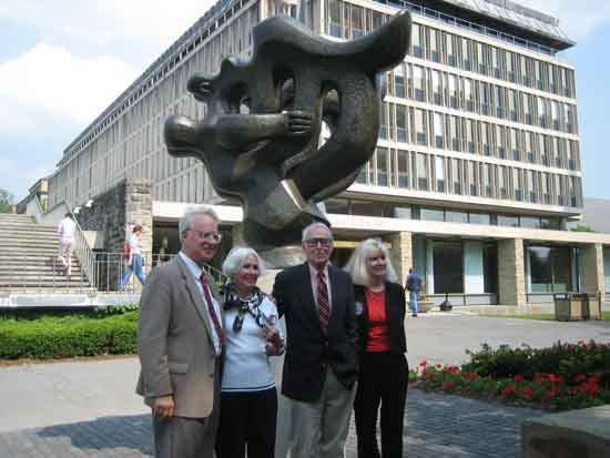 Frank Robinson, left, then director of Cornell University's Johnson Museum at 2007 rededication of restored Lipchitz sculpture, “Song of the Vowels,” (between the undergraduate and graduate libraries) Photo by Lee Rosenbaum