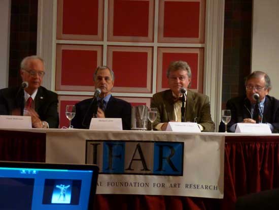 Panel on Detroit Institute of Arts assembled by IFAR L to R: Frank Robinson, Retired Director, Johnson Museum of Art, Cornell University; Richard Levin, partner & head of restructuring practice at law firm of Cravath, Swaine & Moore; Graham Beal, director, Detroit Institute of Arts; Samuel Sachs, Beal's predecessor at DIA Photo by Lee Rosenbaum