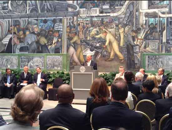 Today's grand announcement for the Grand Bargain TK at podium, Detroit Institute of Art director Graham Beal to his left