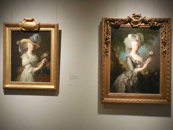 L: "Marie Antoinette in a Chemise Dress," 1783, Hessische Hausstiftung, Kronberg R: "Marie Antoinette with a Rose," 1783, Collection of Lynda and Stewart Resnick Photo by Lee Rosenbaum
