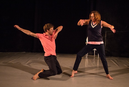 Paul Matteson about to slam onto his knees before Sara Hook in their Bored House Guests. Photo: Yi-Chun Wu