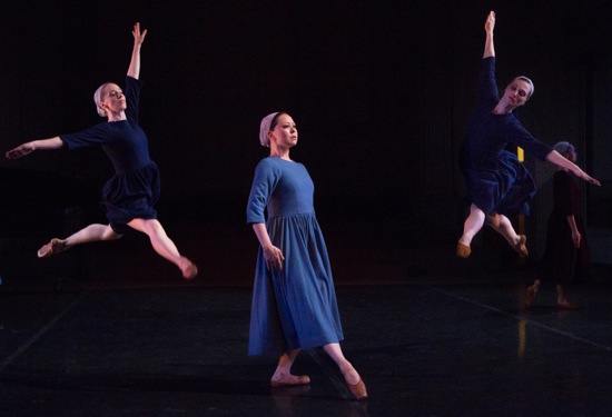 Rie Ogura (center) in Dark Elegies. Leaping (L to R): Carmella Lauer and Amanda Treiber. Photo: Yi-Chun Wu