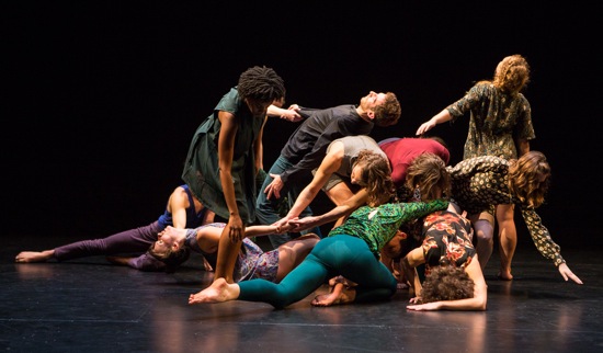 Tere O'Connor's The Goodbye Studies. L to R: Angie Pittman, Simon Courchel, Laurel Snyder (standing); Michael Ingle, Eleanor Hullihan, Lauren Vermilion (bent over); Joey Loto, Natalie Green, Mary Read, Lily Gold (on floor). Photo: Yi-Chun Wu