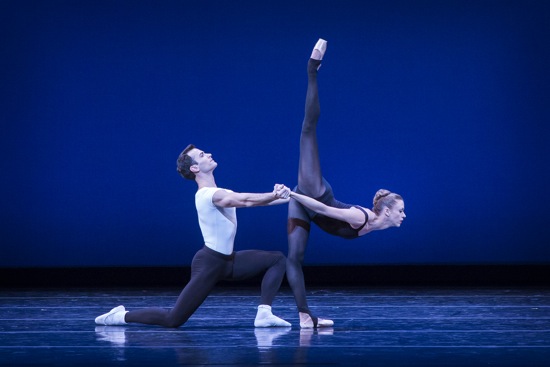 Jerome Tisserand and Lesley Rausch of Pacific Northwest Ballet in George Balanchine's Stravinsky Violin Concerto. Photo: © Lindsay Thomas.