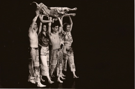 The original cast of Set and Reset "walks" Diane Madden along a virtual wall. (L to R): Stephen Petronio, Vicky Shick, Randy Warshaw, and Trisha Brown. Photo: John Waite
