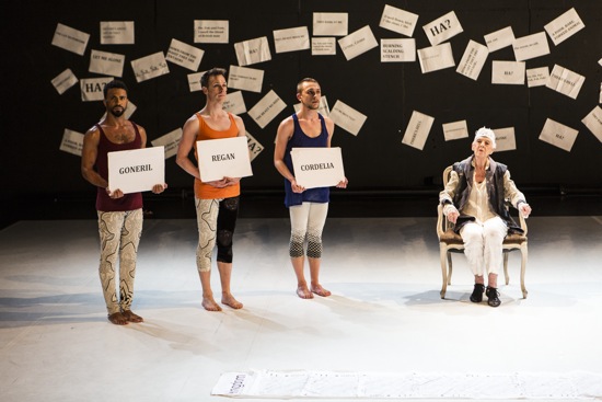 (L to R): Marcus Bellingham, Ryan O'Neill, and Kevin Coquelard identify themselves as the daughters of Lear (Valda Setterfield). Photo: Maria Baranova