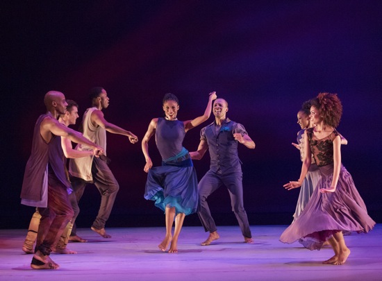 Ronald K. Brown's Open Door. Center: Jacqueline Green and Yannick Lebrun. Left, front to back: Collin Heyward, Michael Francis McBride, and Jeroboam Bozeman. Right, front to back (visible): Fana Tesfagiorgis, and Jacquelin Harris. Photo: Paul Kolnick 