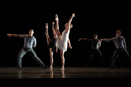 Pacfic Northwest Ballet in Benjamin Millepied's 3 Movements. (L to R): Christian Poppe, Sarah Ricard Orza, Lesley Rausch, Seth Orza, and Matthew Renko. Photo: Christopher Duggan