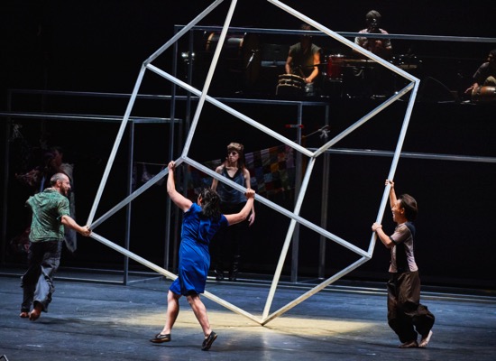 Spinning one of Anthony Gormley's structures in Babel (words), by Sidi Larbi Cherkaoui and Damien Jalet. (L to R): Damien Fournier, Paea Leach, and Sang-Hun Lee. Standing at back: Ulrika Kinn Svensson. Photo: Robert Altman