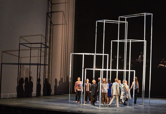 The cast of Babel (words) in Anthony Gormley's transformable set. Photo: Robert Altman