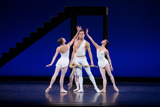 George Balanchine's Apollo. Center: Robert Fairchild. Muses (L to R): Tiler Peck, Isabella Boyleston (hidden). and Misa Kuranaga. Photo: Erin Baiano