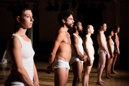 The cast at the beginning of Variations on Themes from Lost and Found: Scenes from a Life and other works by John Bernd. (L to R): Talya Epstein, Alvaro Gonzalez, Johnnie Cruise Mercer, Alex Rodabaugh, Tony Carlson, Madison Krekel, and Charles Gowin. Photo: Ian Douglas