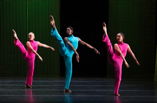 (L to R): Paige Borowski, My’Kal Stromile, and Hannah Park of Juilliard Dance's Class of 2018 in Pam Tanowotz's thunder rolling along afterward. Photo: Rosalie O'Connor 