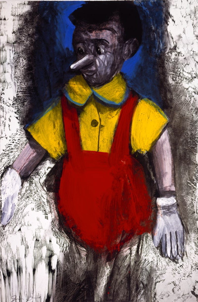 'Red Enamel Pants,' 2000.' (Photo-silkscreen, woodcut, and hand painting with enamel and charcoal. 50 x 33 inches. Edition of six.) © Pace Editions, Inc. and Jim Dine.