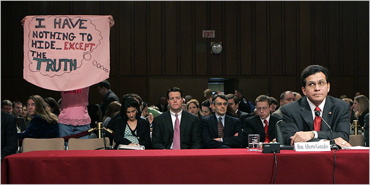Protest at the Senate Judiciary Committee hearing in April [Photo: Don Mills / The New York Times