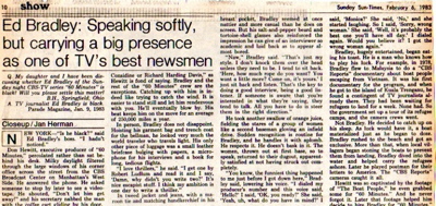 Ed Bradley, Speaking softly, but carrying a big presence ... [Chicago Sun-Times, Sunday, Feb. 6, 1983]