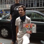 Occupier Yoni Miller and, standing behind him, George Weber, a member of Veterans for Peace, in front of the British consulate in Manhattan. [Photo: JH]