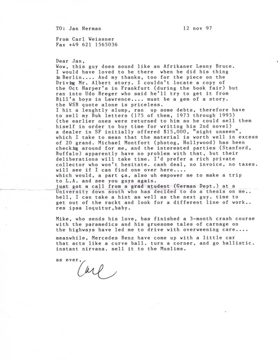 Carl Weissner letter to JH [Nov. 12, 1997]