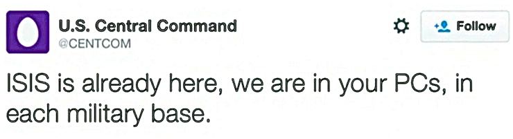 One of the tweets by the 'CyberCaliphate' on the hijacked Centcom Twitter account