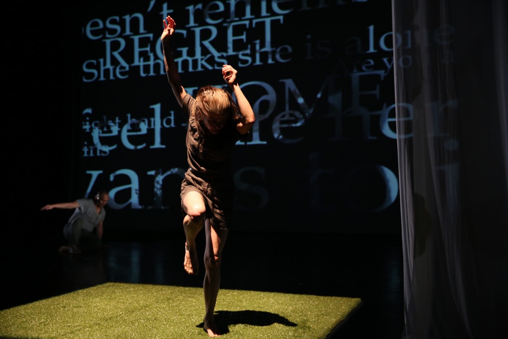 "Bloom," by Nguyễn Nguyên and Maria Gillespie (in spot), presented as part of REDCAT’s New Original Works Festival, 2015. Photo by Steve Gunther © CalArts.