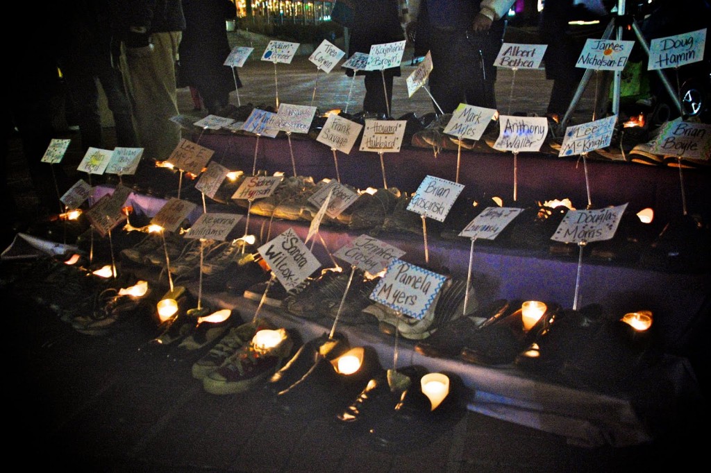 Baltimore Memorial on December 21, 2010.  Keeping shoes is very important to street persons.