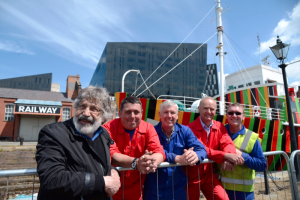 Cruz Diez (beard) with Dazzle Ship in Liverpool