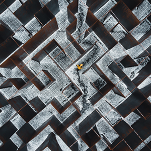 Overhead photo of a person walking through a maze.