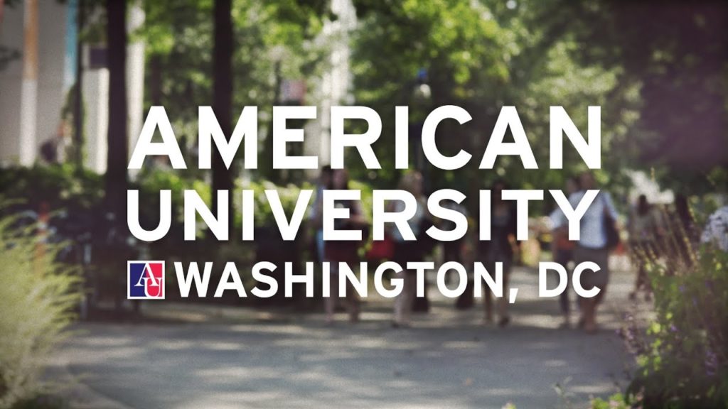 Photograph of the American University campus, with white lettering that reads: American University, Washington, DC.