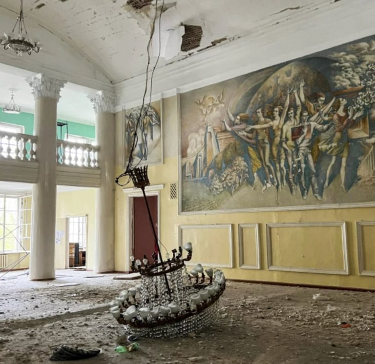 Inside A Bombed Ukrainian Cultural Center, Where Residents Have Taken Refuge