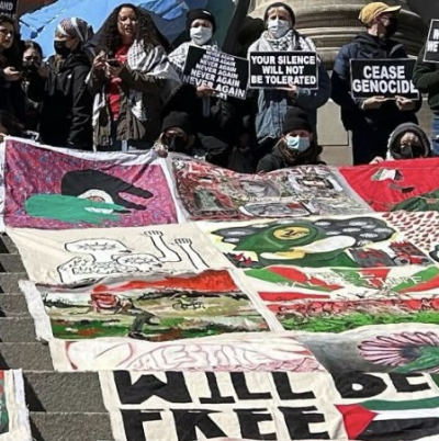 Activists Unfurl A Massive Quilt For Gaza On The Steps Of The Met