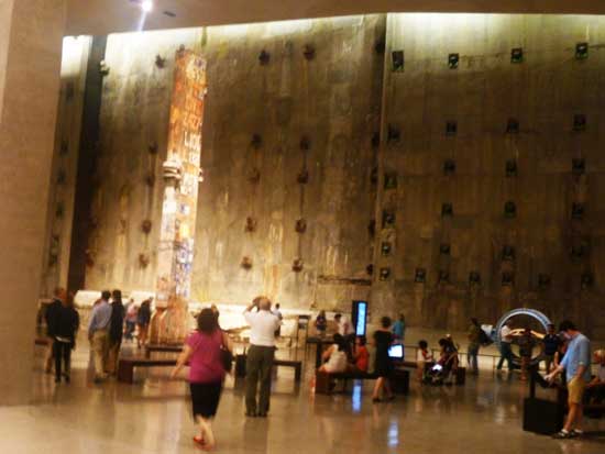 The "Last Column" against backdrop of the slurry wall at 9/11 Memorial Museum Photo by Lee Rosenbaum