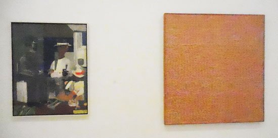 Odd couple: Left, Romare Bearden, "Eastern Barn," 1968; Right, Yayoi Kusama, "Air Mail Stickers," 1962 Photo by Lee Rosenbaum