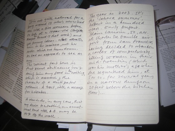 Notes for 'Death in Paris' in one of Carl Weissner's moleskin notebooks, found on his kitchen table.