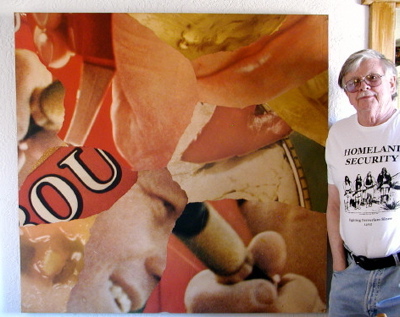 Norman O. Mustill and 'OU,' one of his large collages from the 1960s. [Photo: JH, 2007]