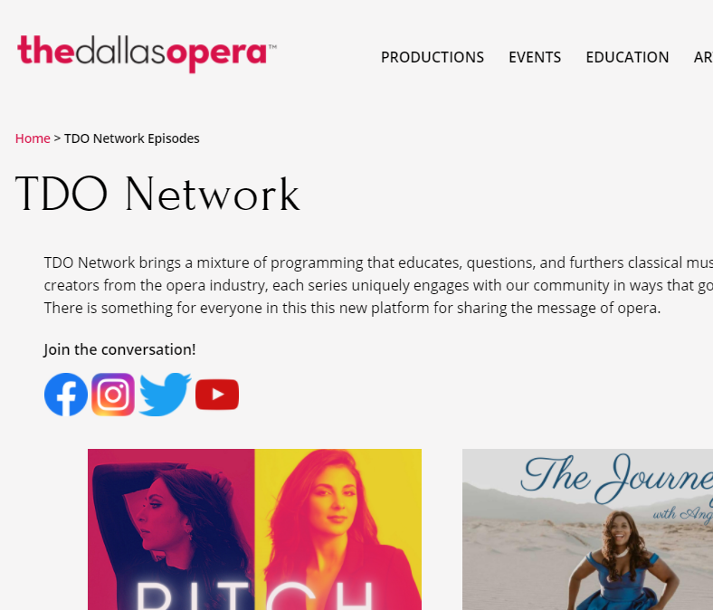 Screenshot of a portion of the front page of Dallas Opera's TDO Network